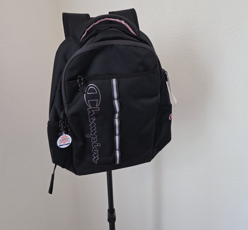 Champion Black Backpack with White Logo and Pink Accent